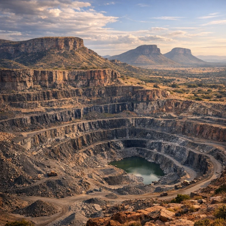 Геологічний масив Бушвельдський магматичний комплекс у ПАР Опис: Панорамне зображення геологічного регіону Південної Африки, де розташований Бушвельдський магматичний комплекс — один із найбільших магматичних масивів світу з унікальними підземними структурами. Підпис: Геологічний регіон ПАР, що зберігає сліди давнього підземного життя