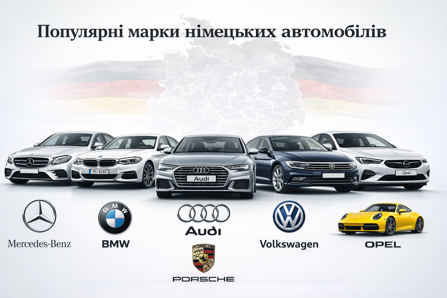 популярні марки німецьких автомобілів Mercedes BMW Audi Volkswagen Porsche Opel