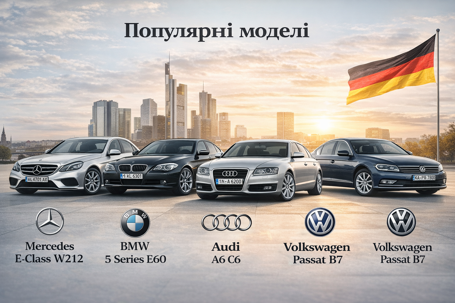 популярні моделі німецьких автомобілів Mercedes W212 BMW E60 Audi A6 C6 Volkswagen Passat B7