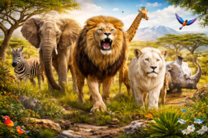 Африканські тварини у савані: лев, слон, жираф та білі тварини у дикій природі