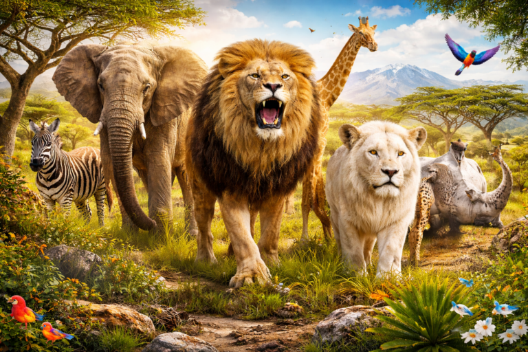 Африканські тварини у савані: лев, слон, жираф та білі тварини у дикій природі