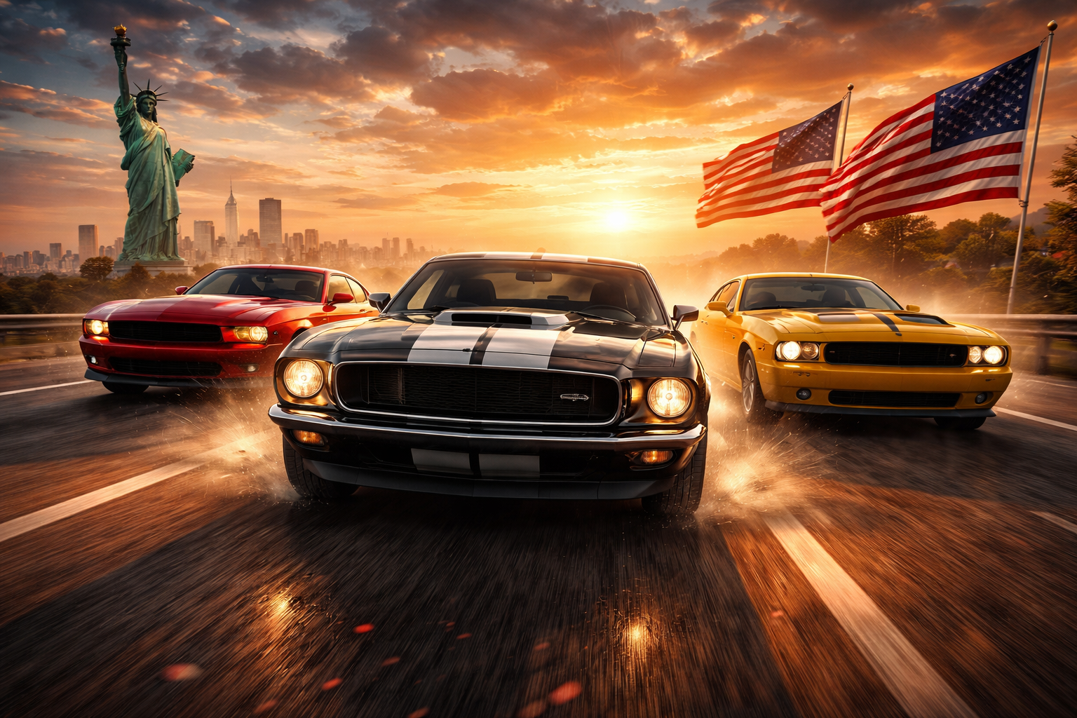 американські автомобілі muscle car ford dodge chevrolet на дорозі