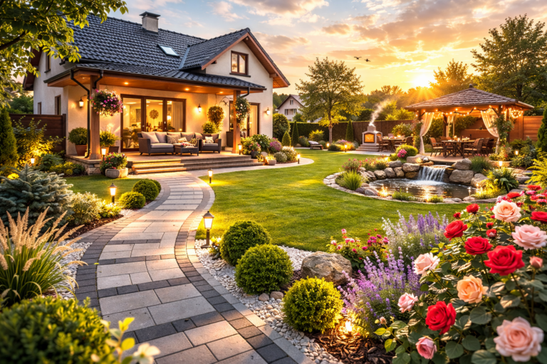 Дім і сад з сучасним ландшафтним дизайном та квітами троянди біля будинку