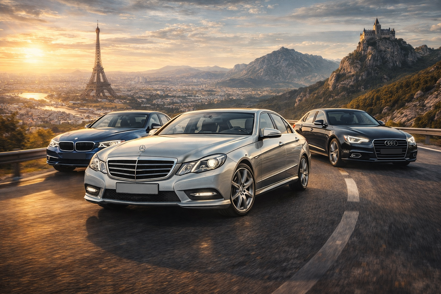 європейські автомобілі преміум класу mercedes bmw audi на дорозі