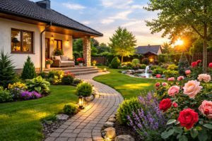 Дім сад з доглянутим газоном, доріжками та клумбами з трояндами