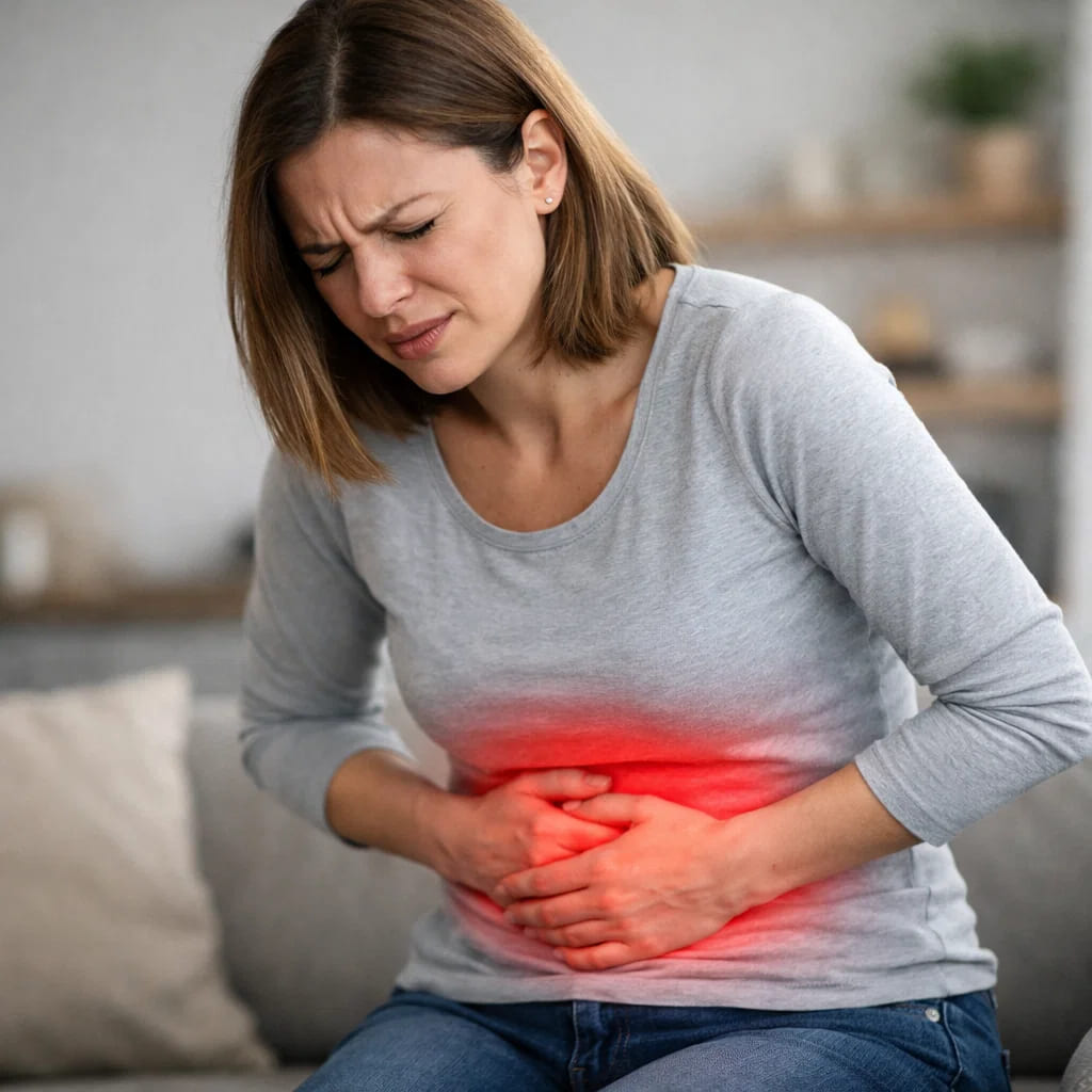 Людина тримається за низ живота через біль